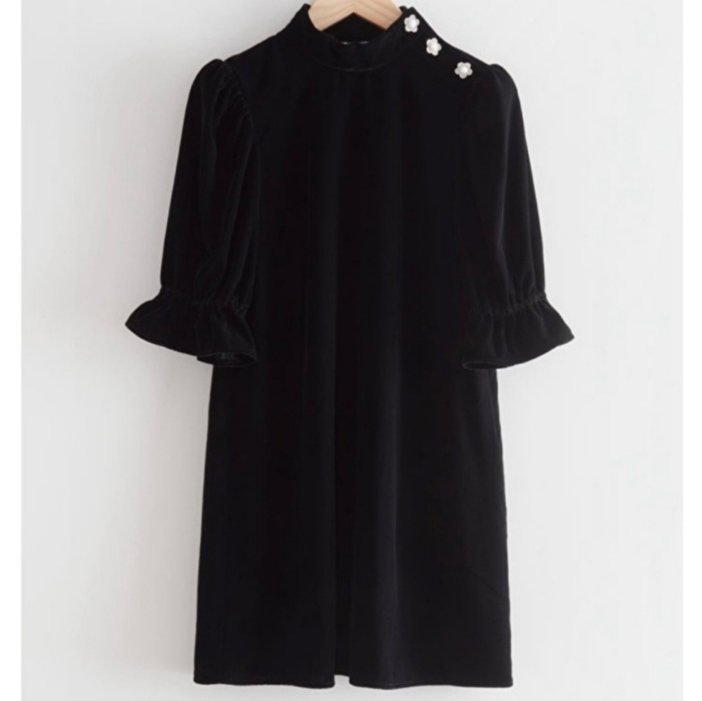 & Other Stories Paris Atelier Black Velvet Puff Sleeve Mini Dress, Size 10